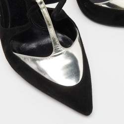 Pre Owned Fendi Black/Silver Suede and Leather Ankle Strap Pumps Size 40