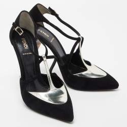 Pre Owned Fendi Black/Silver Suede and Leather Ankle Strap Pumps Size 40