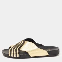 Fendi Black/Gold Leather Wave Slides Size 40