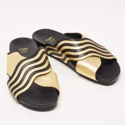Fendi Black/Gold Leather Wave Slides Size 40