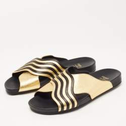 Fendi Black/Gold Leather Wave Slides Size 40
