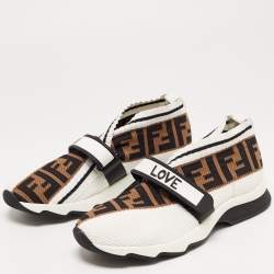مملوكة مسبقًا Fendi White/Brown Monogram Mesh Rockoko Velcro Strap Low Top Sneakers Size 38