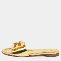Fendi Metallic Gold Leather Baguette Flat Slides Size 38