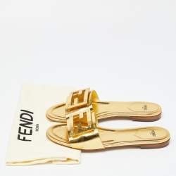 Fendi Metallic Gold Leather Baguette Flat Slides Size 38