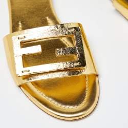Fendi Metallic Gold Leather Baguette Flat Slides Size 38