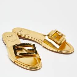Fendi Metallic Gold Leather Baguette Flat Slides Size 38