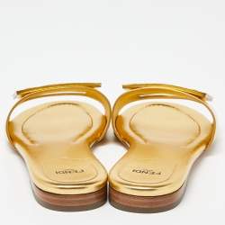 Fendi Metallic Gold Leather Baguette Flat Slides Size 38