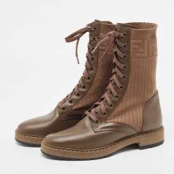 Pre Owned Fendi Brown Leather And Fabric Combat Boots Size 38