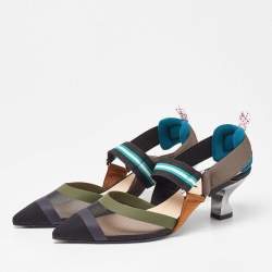 Pre Owned Fendi Multicolor Mesh and Canvas Colibri Slingback Pumps Size 35