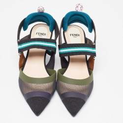 Pre Owned Fendi Multicolor Mesh and Canvas Colibri Slingback Pumps Size 35