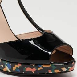Pre Owned Fendi Black Patent Leather Bird Of Paradise T-Strap Wedge Sandals Size 36