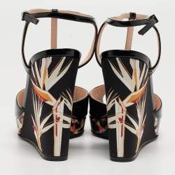 Pre Owned Fendi Black Patent Leather Bird Of Paradise T-Strap Wedge Sandals Size 36