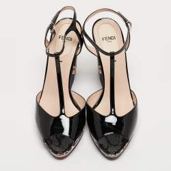 Pre Owned Fendi Black Patent Leather Bird Of Paradise T-Strap Wedge Sandals Size 36