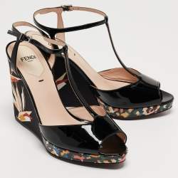 Pre Owned Fendi Black Patent Leather Bird Of Paradise T-Strap Wedge Sandals Size 36