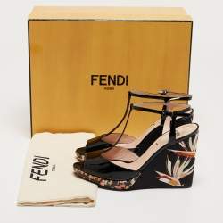 Pre Owned Fendi Black Patent Leather Bird Of Paradise T-Strap Wedge Sandals Size 36