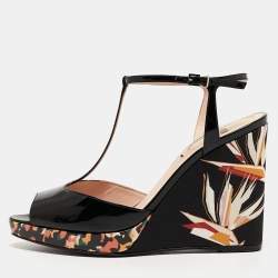 Pre Owned Fendi Black Patent Leather Bird Of Paradise T-Strap Wedge Sandals Size 36