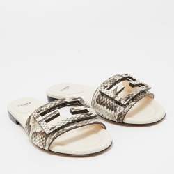 Fendi Beige/Cream Python Embossed Leather Baguette Flat Slides Size 35