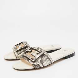 Fendi Beige/Cream Python Embossed Leather Baguette Flat Slides Size 35