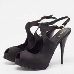 Pre Owned Fendi Black Satin Peep Toe Ankle Strap Pumps Size 38.5 
