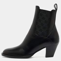 Pre Owned Fendi Black Leather and Canvas Ankle Boots Size 37