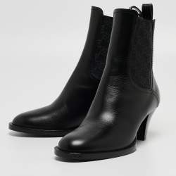 Pre Owned Fendi Black Leather and Canvas Ankle Boots Size 37
