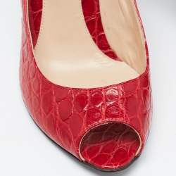 Pre Owned Fendi Red Crocodile Peep Toe Wedge Pumps Size 40