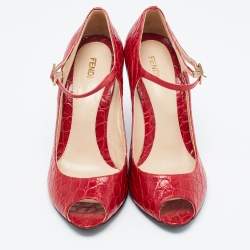 Pre Owned Fendi Red Crocodile Peep Toe Wedge Pumps Size 40