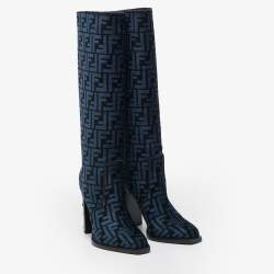 Pre Owned Fendi Blue/Black FF Jacquard Chenille Knee Length Boots Size 37.5