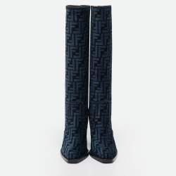 Pre Owned Fendi Blue/Black FF Jacquard Chenille Knee Length Boots Size 37.5