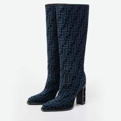 Pre Owned Fendi Blue/Black FF Jacquard Chenille Knee Length Boots Size 37.5