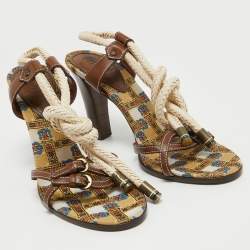 Pre Owned Fendi Brown/White Leather Rope Strappy Sandals Size 39