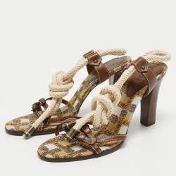 Pre Owned Fendi Brown/White Leather Rope Strappy Sandals Size 39
