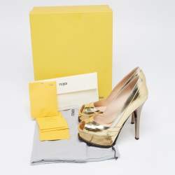 Pre Owned Fendi Gold Leather Fendista Peep Toe Pumps Size 36.5