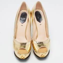 Pre Owned Fendi Gold Leather Fendista Peep Toe Pumps Size 36.5