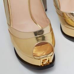 Pre Owned Fendi Gold Leather Fendista Peep Toe Pumps Size 36.5