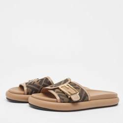 Fendi Brown Zucca Canvas FF Buckle Slides Size 36