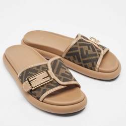 Fendi Brown Zucca Canvas FF Buckle Slides Size 36