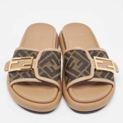 Fendi Brown Zucca Canvas FF Buckle Slides Size 36