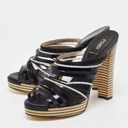 Pre Owned Fendi Black Leather Strappy Platform Slide Sandals Size 39