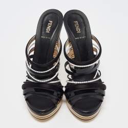 Pre Owned Fendi Black Leather Strappy Platform Slide Sandals Size 39