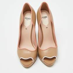 Pre Owned Fendi Beige Lizard Embossed and Leather Scalloped Peep Toe Platform Pumps Size 36