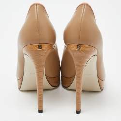 Pre Owned Fendi Beige Lizard Embossed and Leather Scalloped Peep Toe Platform Pumps Size 36