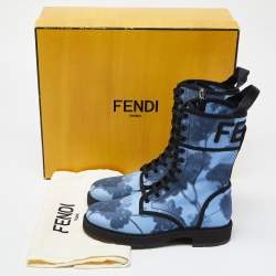 Pre Owned Fendi Blue Canvas Combat Boots Size 36.5
