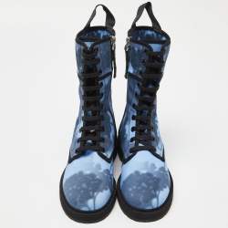 Pre Owned Fendi Blue Canvas Combat Boots Size 36.5