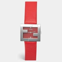 Pre Owned Fendi Fendimania F100101901 Red Dial Diamond Stainless Steel Leather Women's Wristwatch 24 mm
