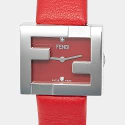 Pre Owned Fendi Fendimania F100101901 Red Dial Diamond Stainless Steel Leather Women's Wristwatch 24 mm