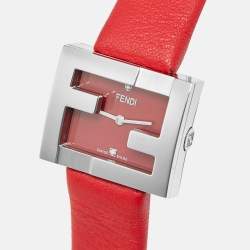 Pre Owned Fendi Fendimania F100101901 Red Dial Diamond Stainless Steel Leather Women's Wristwatch 24 mm