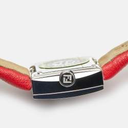 Pre Owned Fendi Fendimania F100101901 Red Dial Diamond Stainless Steel Leather Women's Wristwatch 24 mm