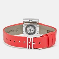 Pre Owned Fendi Fendimania F100101901 Red Dial Diamond Stainless Steel Leather Women's Wristwatch 24 mm