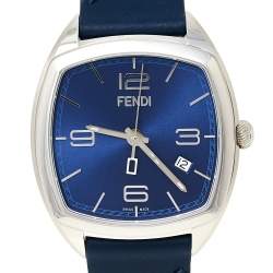 Pre Owned Fendi Blue Stainless Steel Leather Momento 22000L Unisex Wristwatch 39 mm